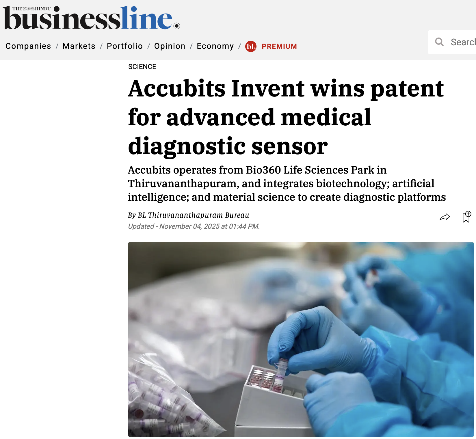 Hindu Business Line article about Accubits Invent's advanced medical diagnostic sensor patent